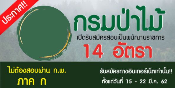 ประกาศ!! กรมป่าไม้ เปิดรับสมัครสอบเป็นพนักงานราชการ จำนวน 14 อัตรา รับสมัครทางอินเทอร์เน็ตเท่านั้น ตั้งแต่วันที่ 15 - 22 มี.ค. 2562